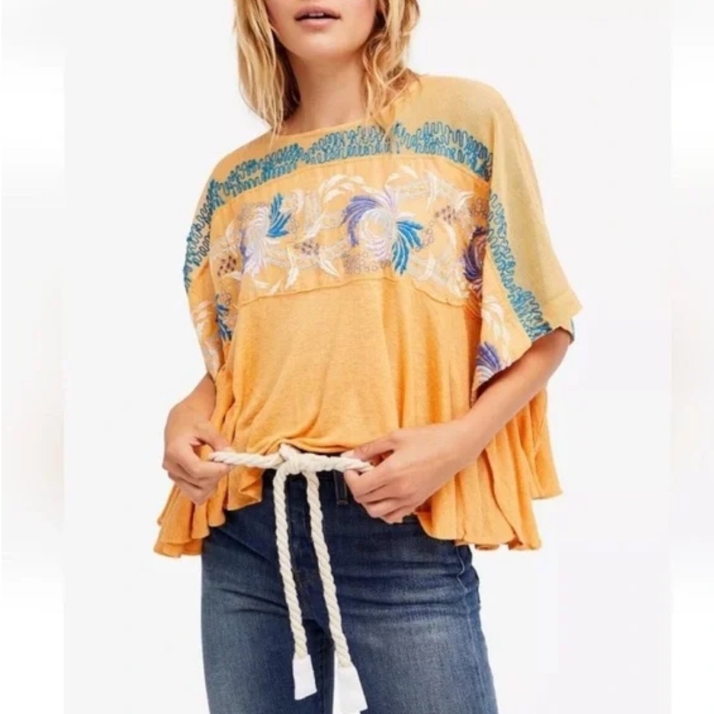 Free People Love Letter Embroidered Poncho Top in Tangerine